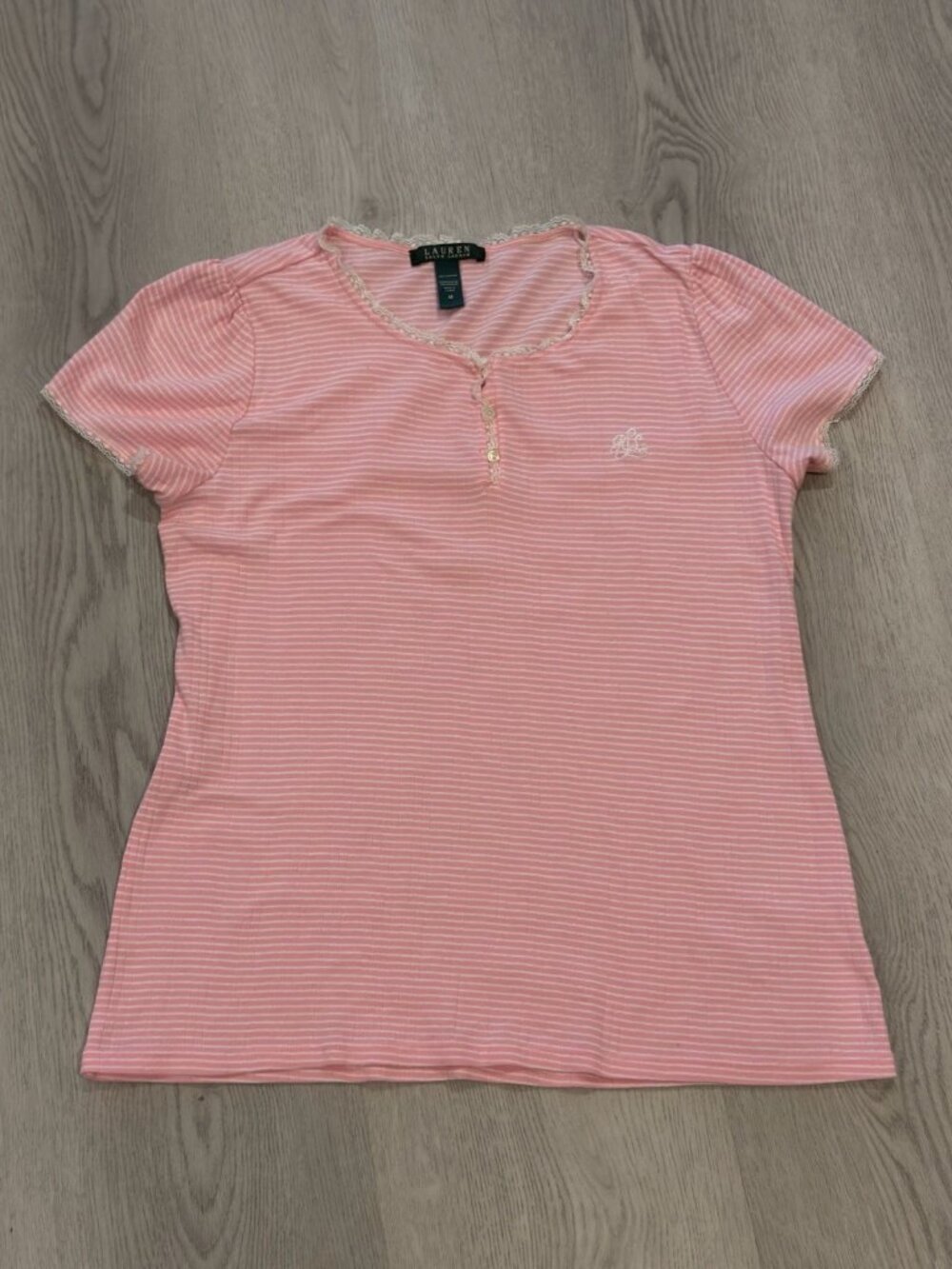 Lauren Ralph Lauren Y2K Pink Striped Lace Trim Henley Top Women’s Medium RL Logo